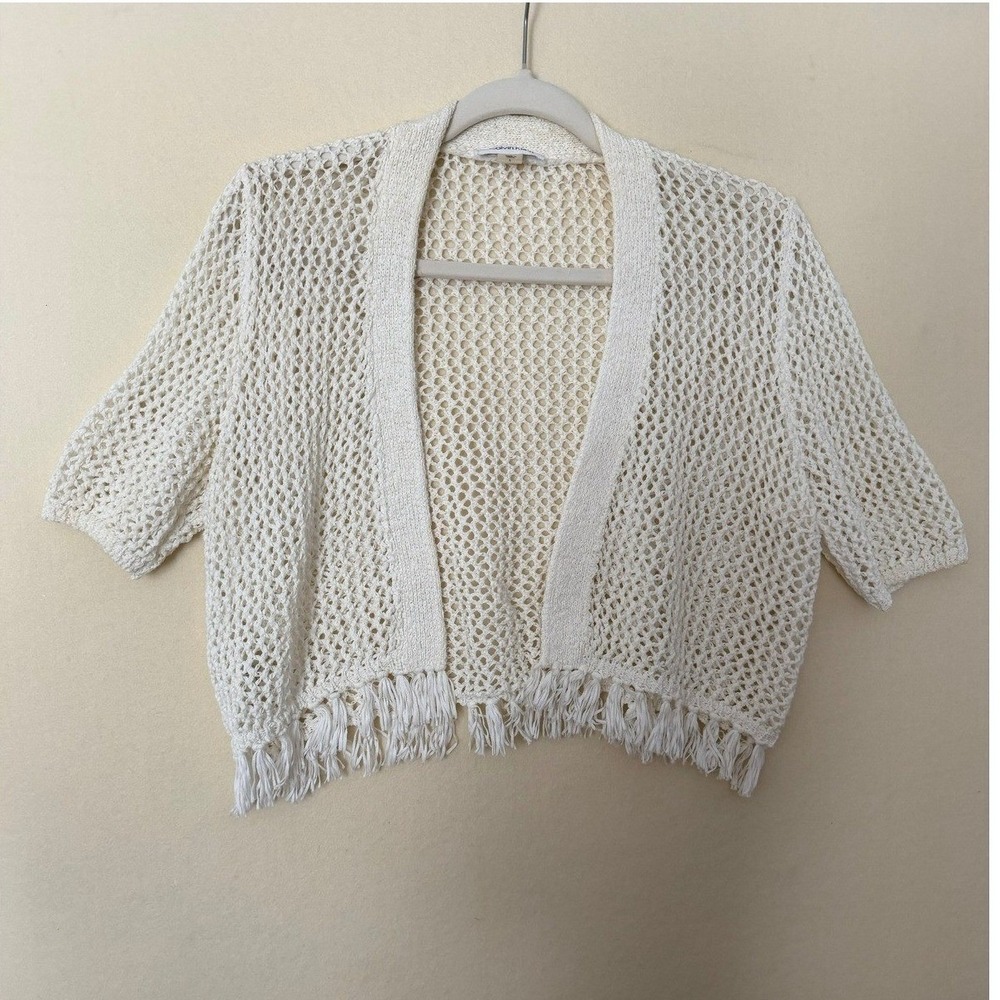 Calvin Klein Womens Crochet Knit Cardigan Fringe Hem Cream Off White